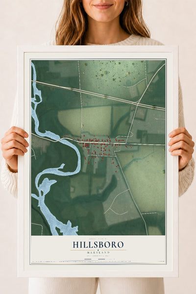 Map of Hillsboro, Maryland, 18 x 24 inch print in a white wood frame