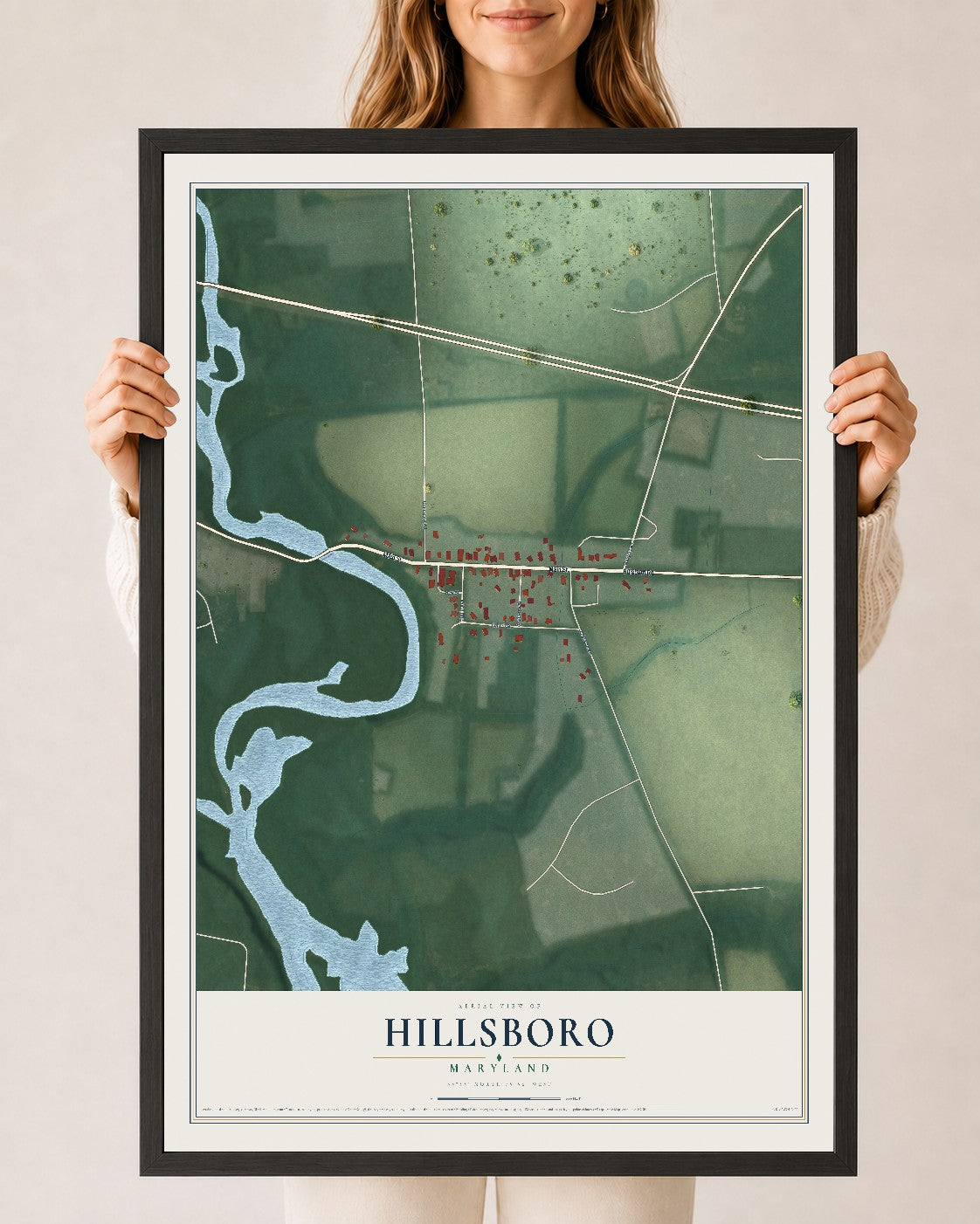 Map of Hillsboro, Maryland, 24 x 36 inch print in a black wood frame
