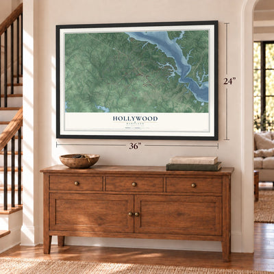 Hollywood, Maryland map, 24 x 36 inch print in a black frame above a dresser by a staircase