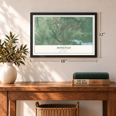 Honeygo, Maryland map, 12 x 18 inch print in a black frame in an entryway
