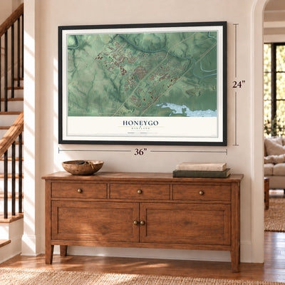 Honeygo, Maryland map, 24 x 36 inch print in a black frame above a dresser by a staircase