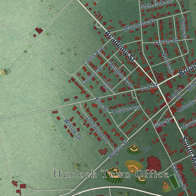 Close-up of the map of Hurlock, Maryland print showing street and building detail