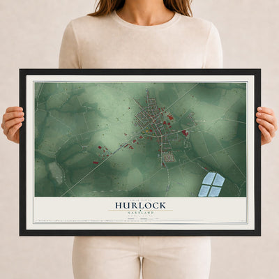 Map of Hurlock, Maryland, 12 x 18 inch print in a black wood frame
