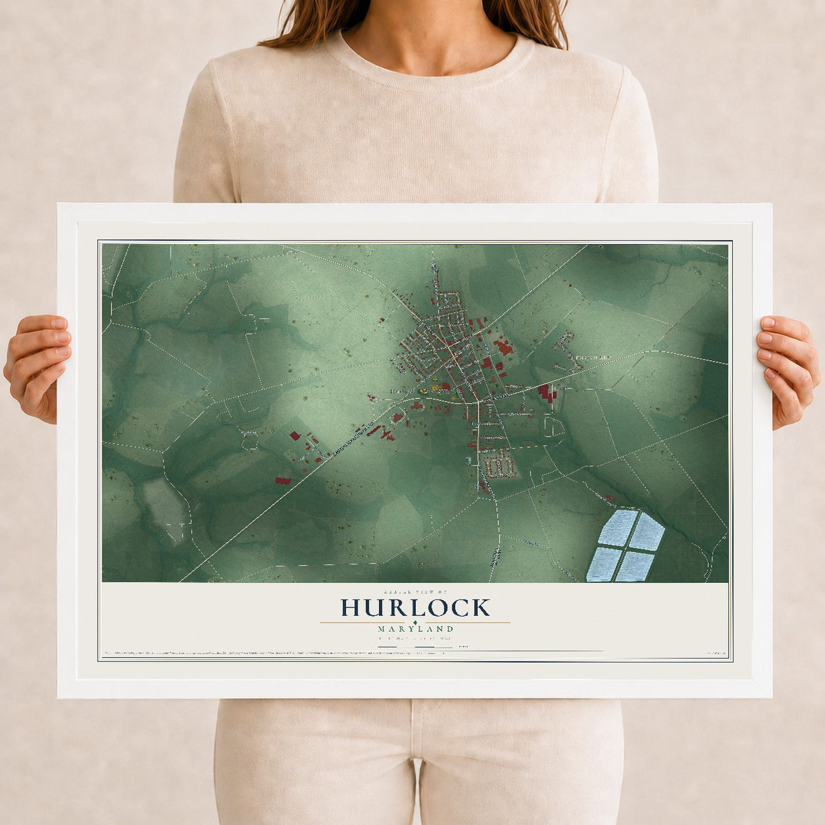 Map of Hurlock, Maryland, 12 x 18 inch print in a white wood frame