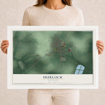 Map of Hurlock, Maryland, 12 x 18 inch print in a white wood frame