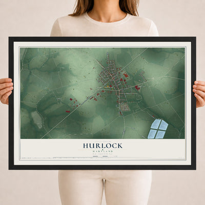 Map of Hurlock, Maryland, 18 x 24 inch print in a black wood frame