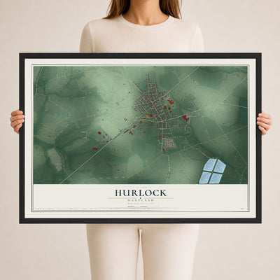 Map of Hurlock, Maryland, 24 x 36 inch print in a black wood frame