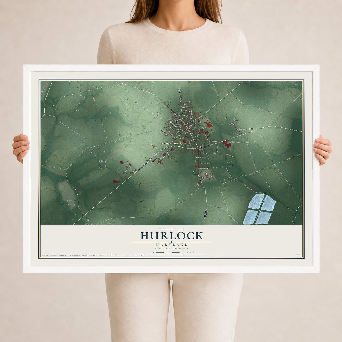 Map of Hurlock, Maryland, 24 x 36 inch print in a white wood frame
