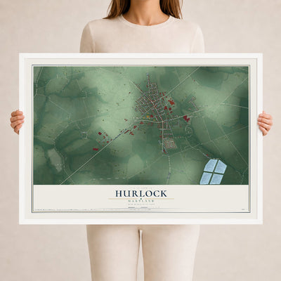 Map of Hurlock, Maryland, 24 x 36 inch print in a white wood frame