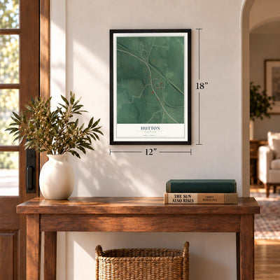 Hutton, Maryland map, 12 x 18 inch print in a black frame in an entryway