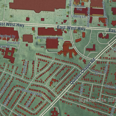 Close-up of the map of Hyattsville, Maryland print showing street and building detail