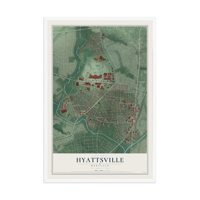 Map of Hyattsville, Maryland, 12 x 18 inch print in a white wood frame