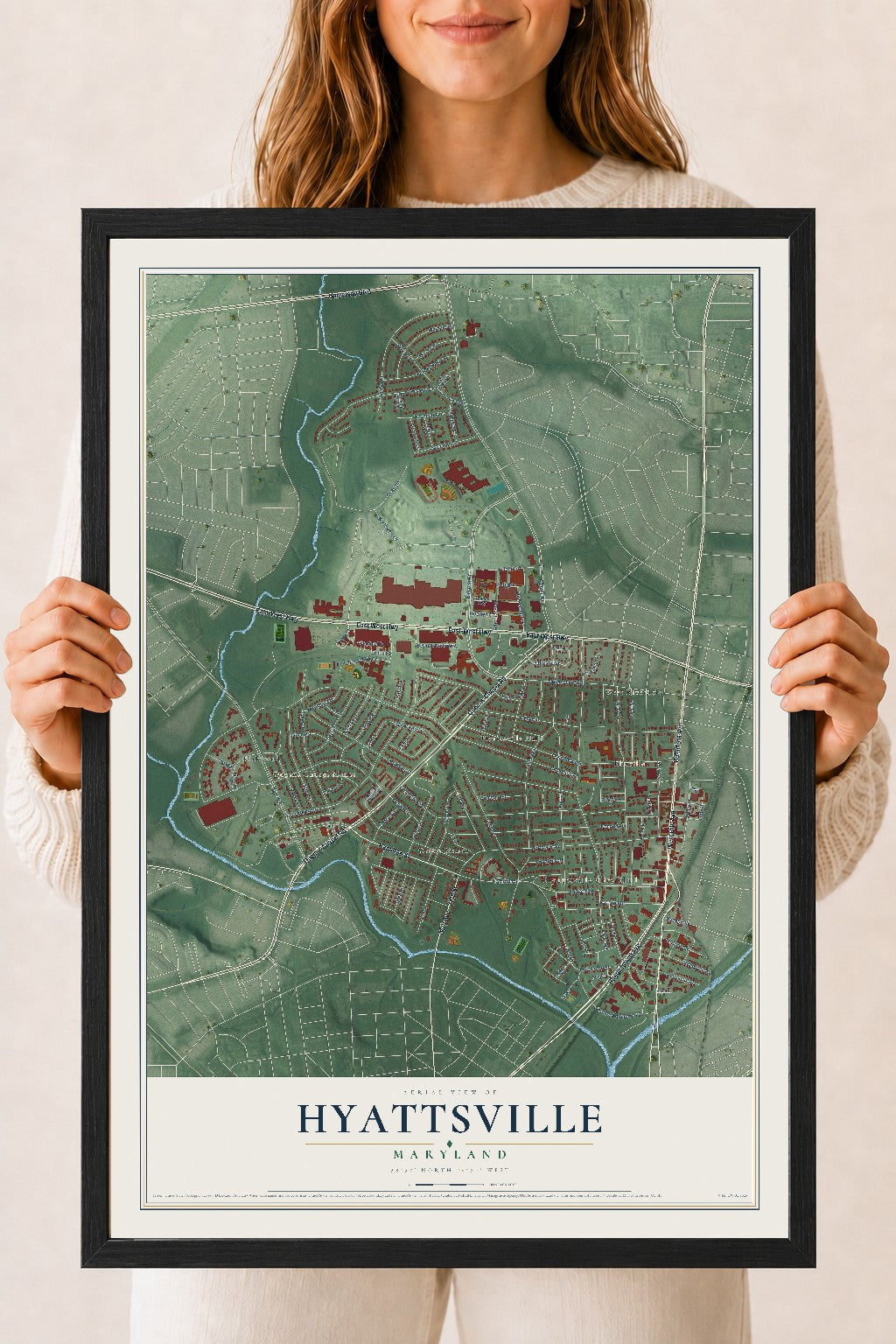 Map of Hyattsville, Maryland, 18 x 24 inch print in a black wood frame