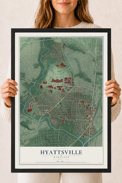 Map of Hyattsville, Maryland, 18 x 24 inch print in a black wood frame