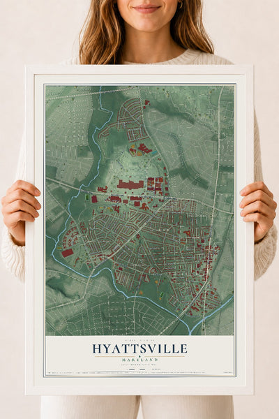 Map of Hyattsville, Maryland, 18 x 24 inch print in a white wood frame