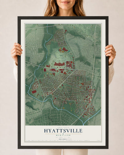 Map of Hyattsville, Maryland, 24 x 36 inch print in a black wood frame