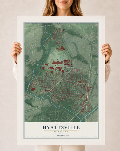 Map of Hyattsville, Maryland, 24 x 36 inch print in a white wood frame