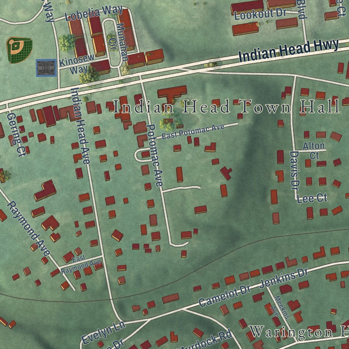 Second close-up of the map of Indian Head, Maryland print showing more streets and buildings