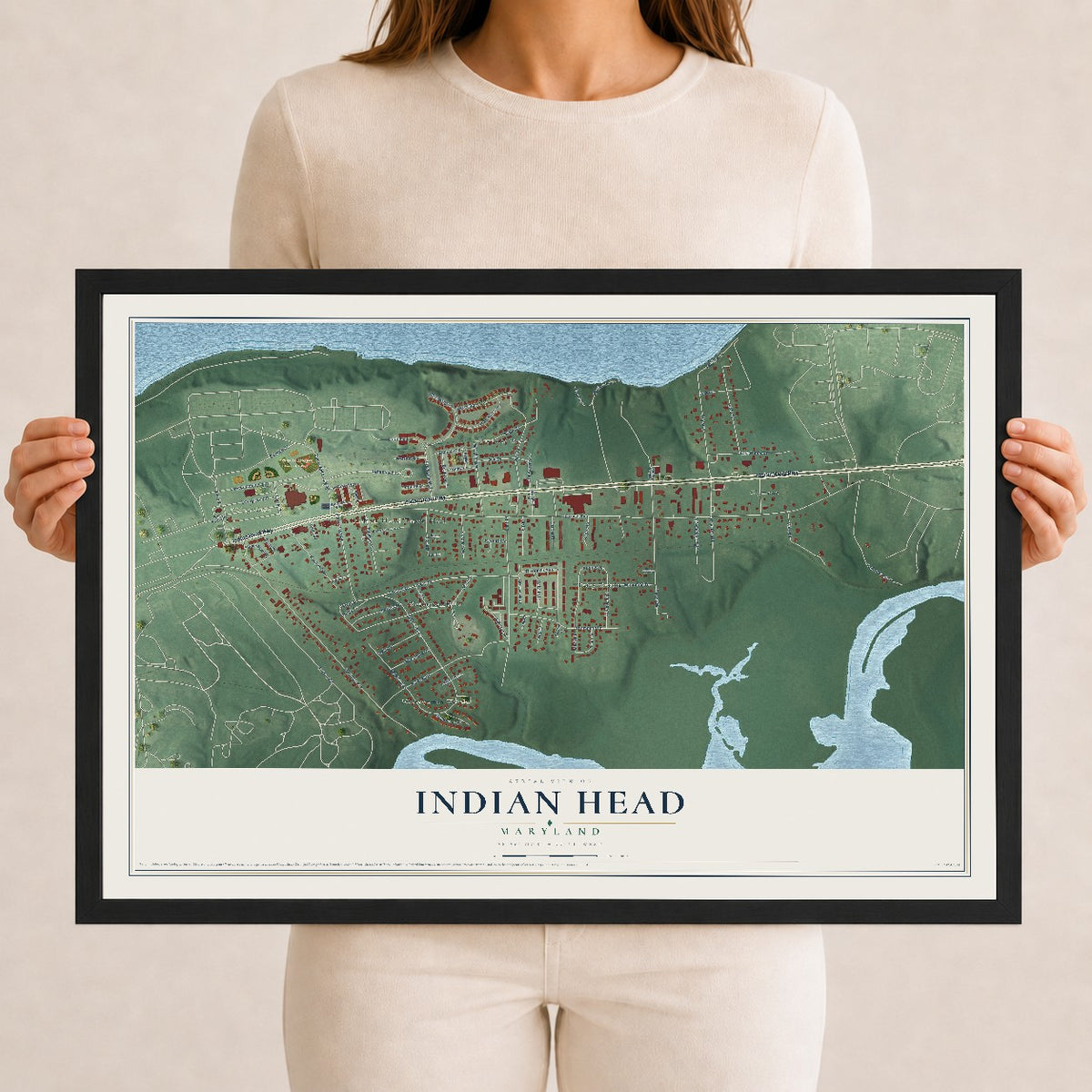 Map of Indian Head, Maryland, 12 x 18 inch print in a black wood frame