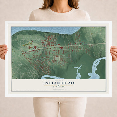 Map of Indian Head, Maryland, 18 x 24 inch print in a white wood frame