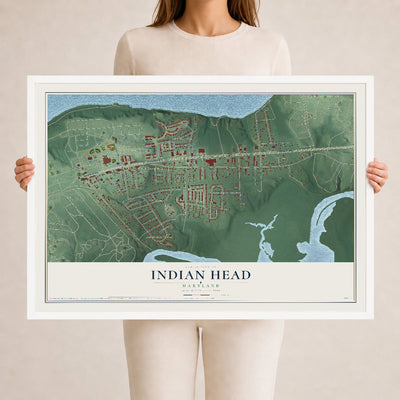 Map of Indian Head, Maryland, 24 x 36 inch print in a white wood frame