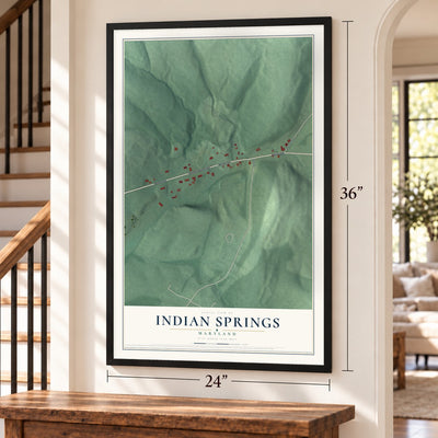 Indian Springs, Maryland map, 24 x 36 inch print in a black frame by a staircase