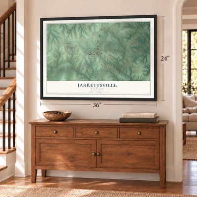 Jarrettsville, Maryland map, 24 x 36 inch print in a black frame above a dresser by a staircase