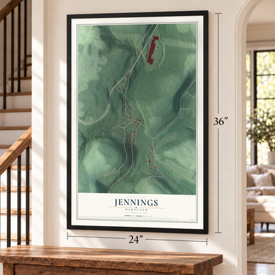 Jennings, Maryland map, 24 x 36 inch print in a black frame by a staircase