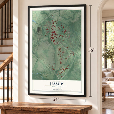 Jessup, Maryland map, 24 x 36 inch print in a black frame by a staircase