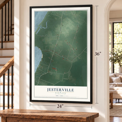 Jesterville, Maryland map, 24 x 36 inch print in a black frame by a staircase