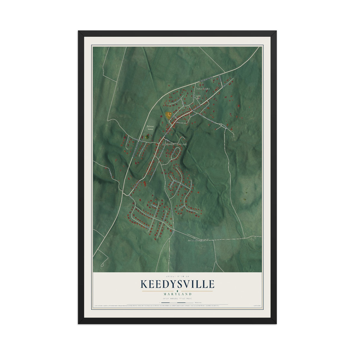 Map of Keedysville, Maryland, 12 x 18 inch print in a black wood frame