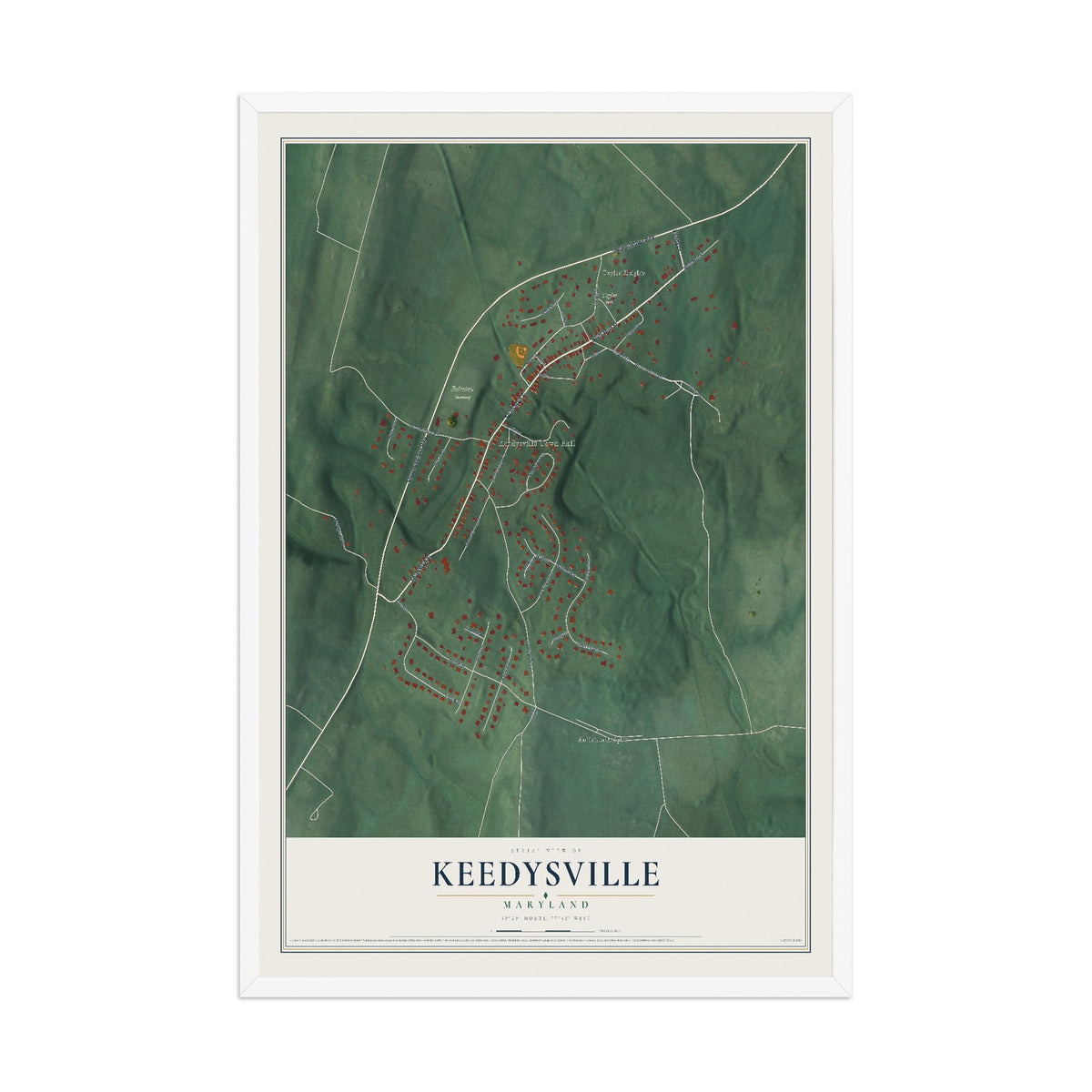 Map of Keedysville, Maryland, 12 x 18 inch print in a white wood frame