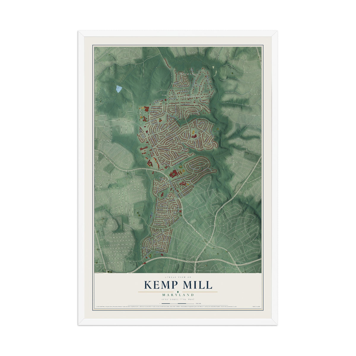 Map of Kemp Mill, Maryland, 12 x 18 inch print in a white wood frame
