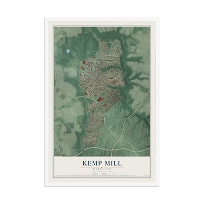 Map of Kemp Mill, Maryland, 12 x 18 inch print in a white wood frame