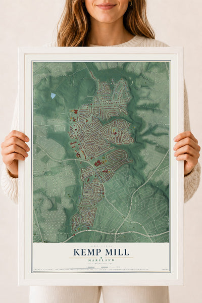 Map of Kemp Mill, Maryland, 18 x 24 inch print in a white wood frame