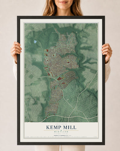 Map of Kemp Mill, Maryland, 24 x 36 inch print in a black wood frame