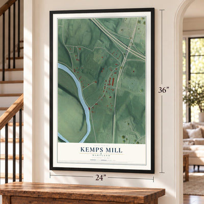 Kemps Mill, Maryland map, 24 x 36 inch print in a black frame by a staircase