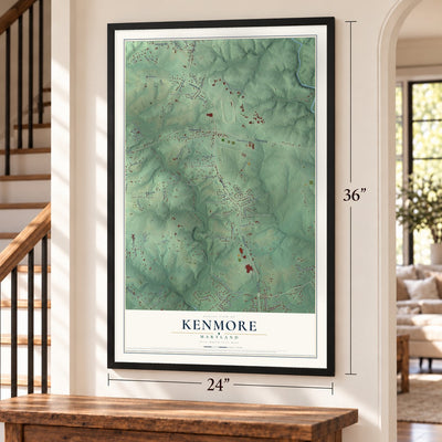 Kenmore, Maryland map, 24 x 36 inch print in a black frame by a staircase