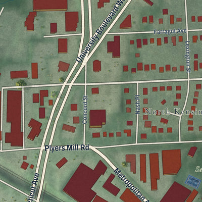 Close-up of the map of Kensington, Maryland print showing street and building detail