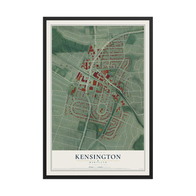 Map of Kensington, Maryland, 12 x 18 inch print in a black wood frame
