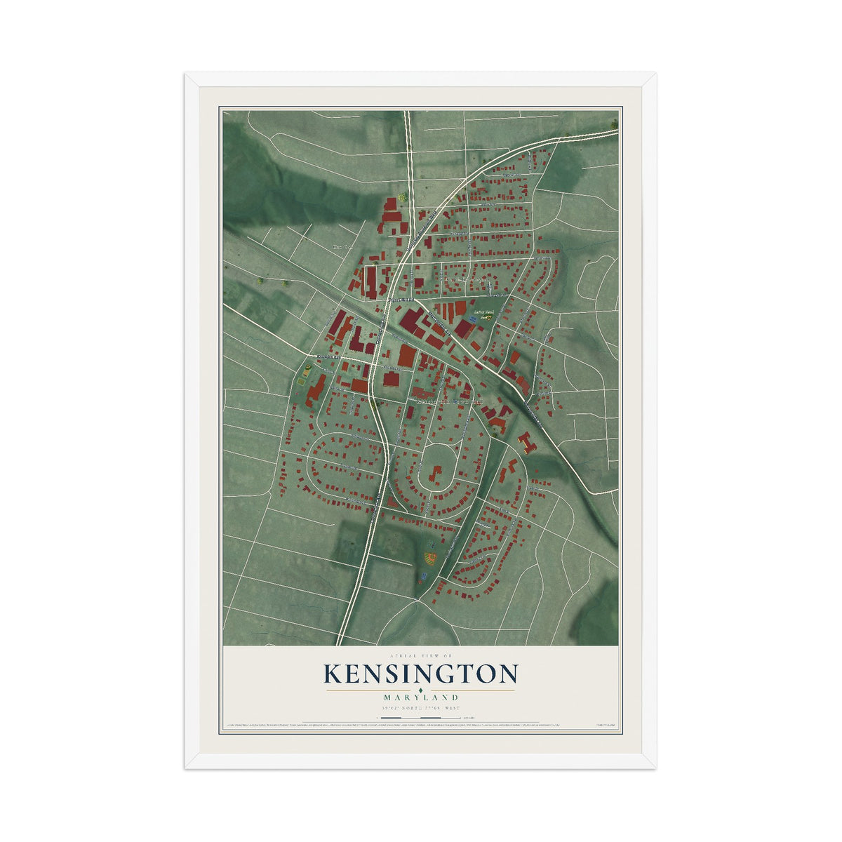 Map of Kensington, Maryland, 12 x 18 inch print in a white wood frame