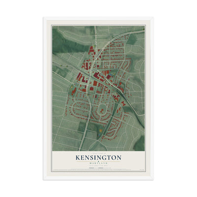 Map of Kensington, Maryland, 12 x 18 inch print in a white wood frame