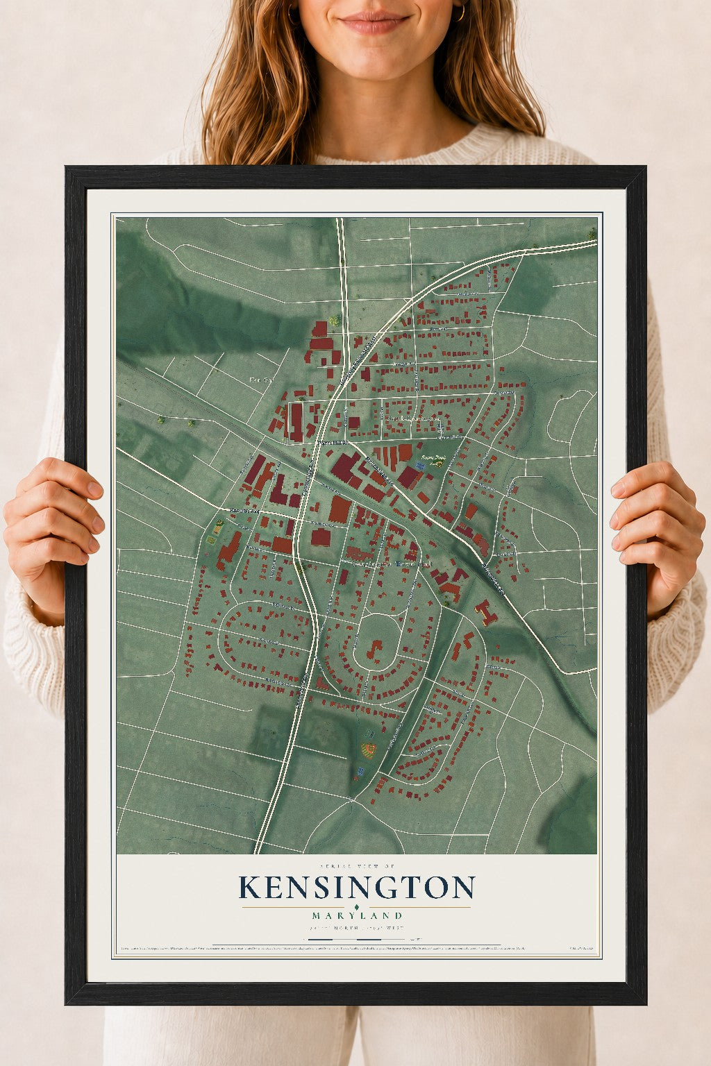 Map of Kensington, Maryland, 18 x 24 inch print in a black wood frame