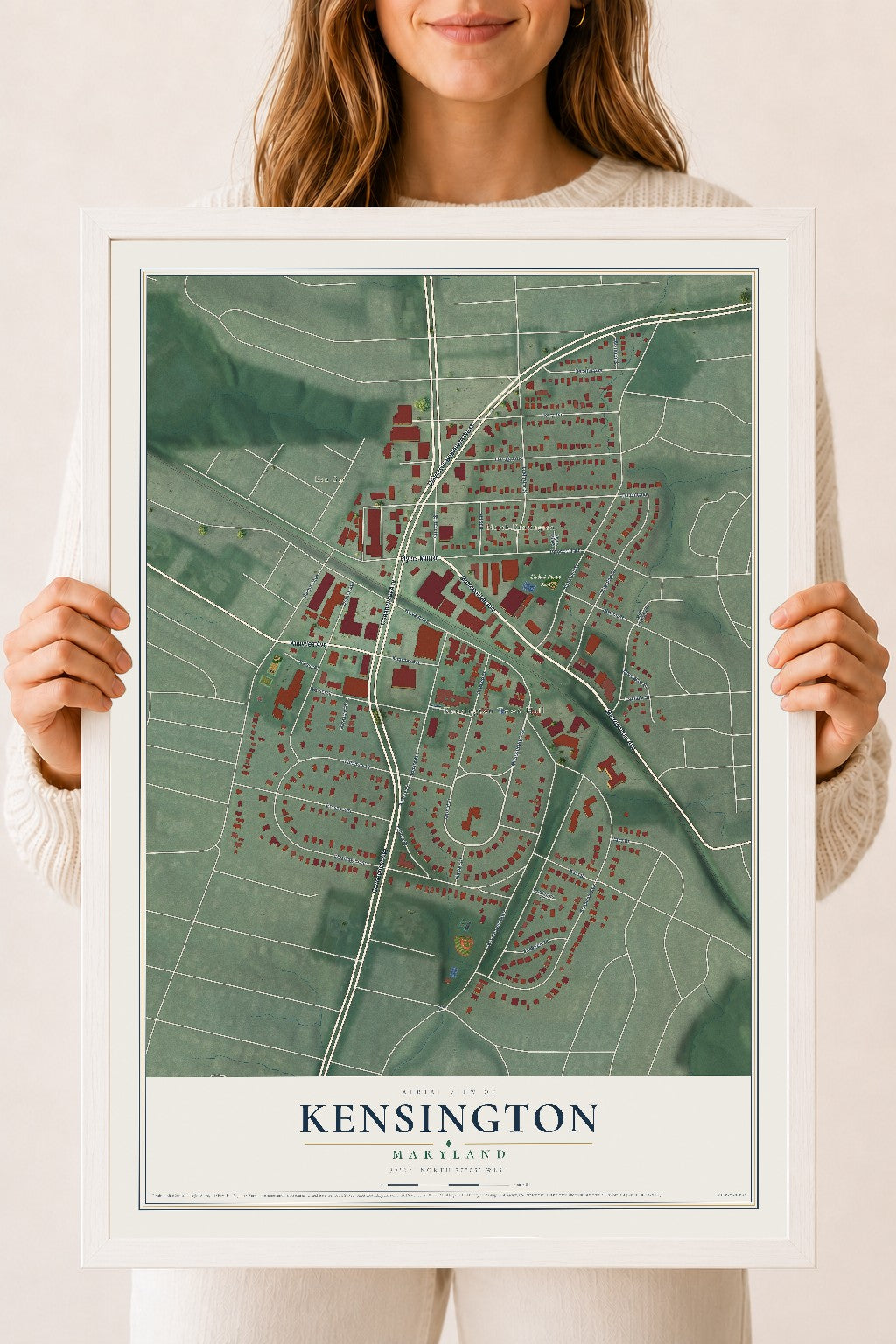 Map of Kensington, Maryland, 18 x 24 inch print in a white wood frame