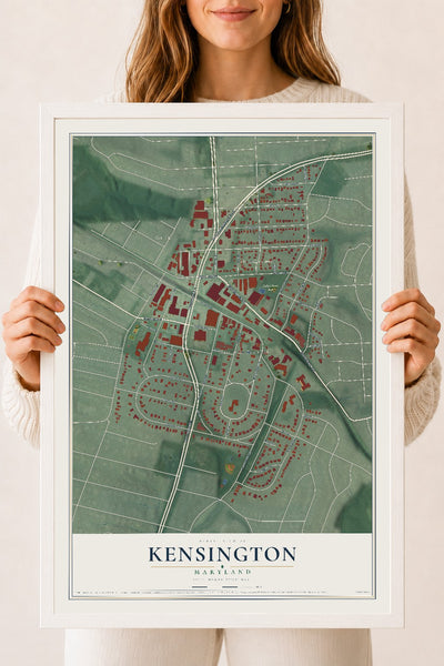 Map of Kensington, Maryland, 18 x 24 inch print in a white wood frame