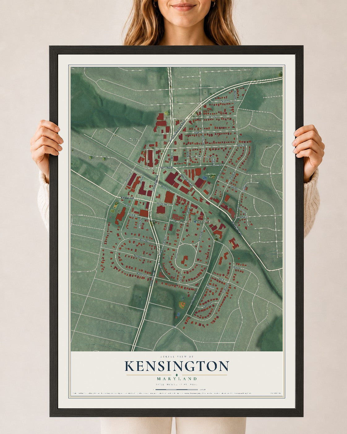 Map of Kensington, Maryland, 24 x 36 inch print in a black wood frame
