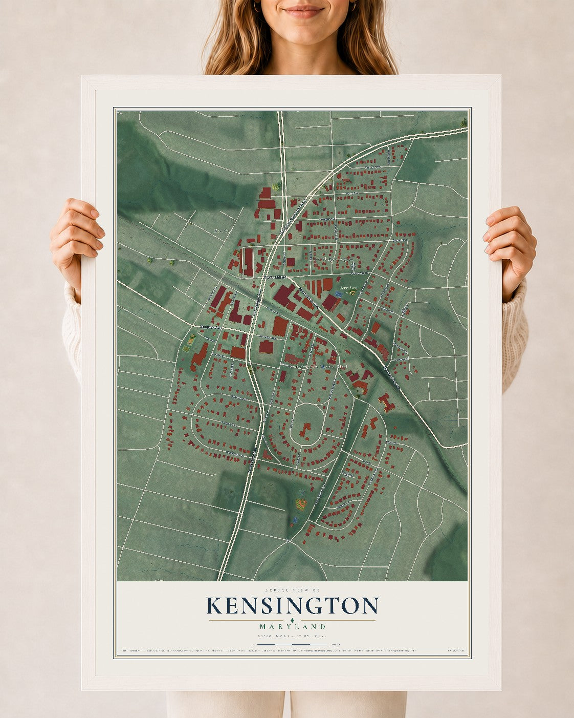 Map of Kensington, Maryland, 24 x 36 inch print in a white wood frame