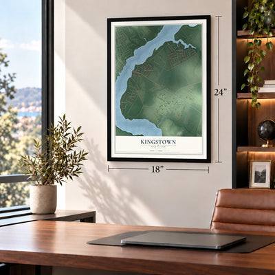 Kingstown, Maryland map, 18 x 24 inch print in a black frame in a home office