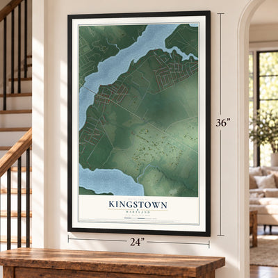 Kingstown, Maryland map, 24 x 36 inch print in a black frame by a staircase