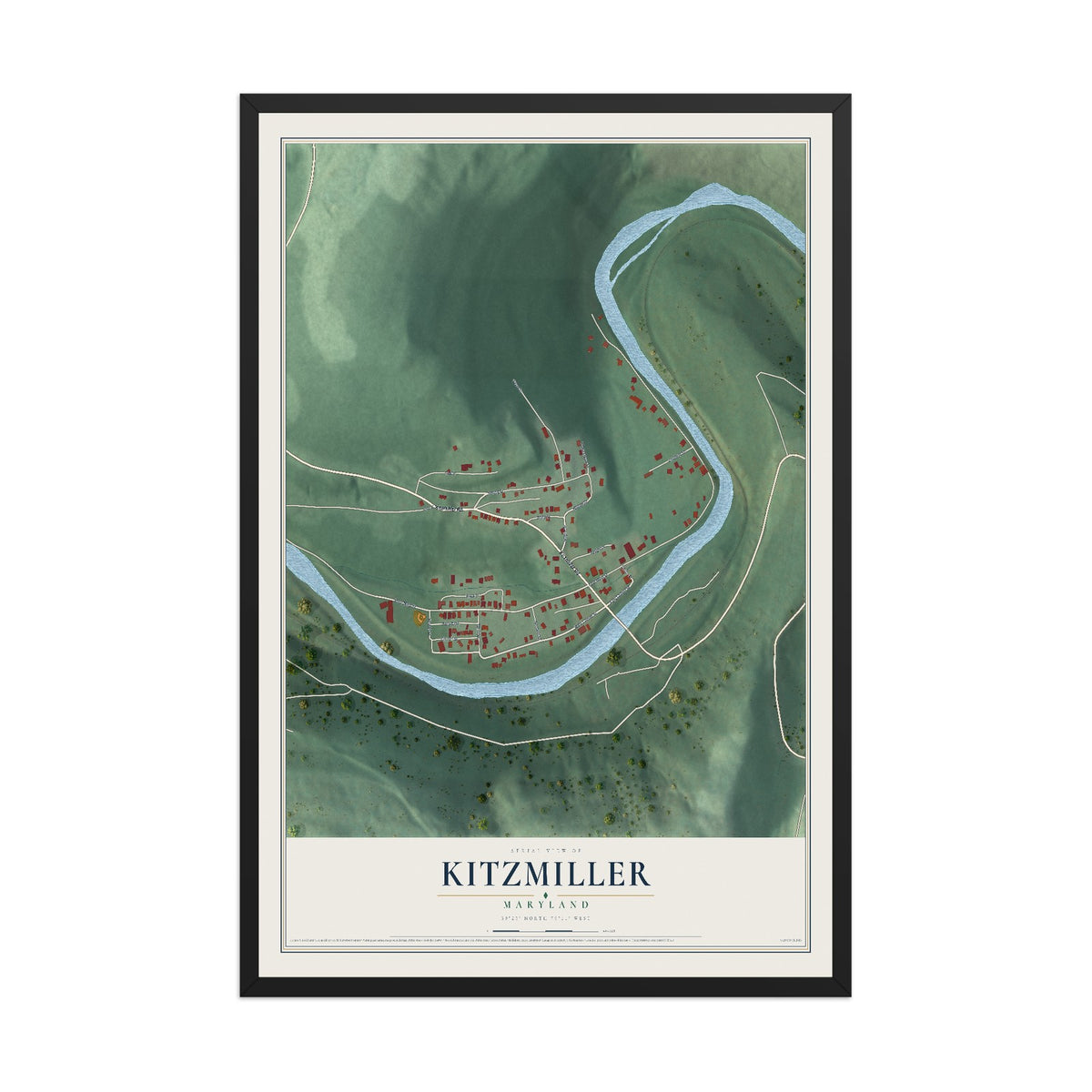 Map of Kitzmiller, Maryland, 12 x 18 inch print in a black wood frame